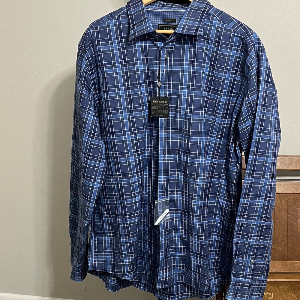 NWT! Jos A Bank Reserved Blue Plaid Men's Casual Shirt Tailored Fit 2XL